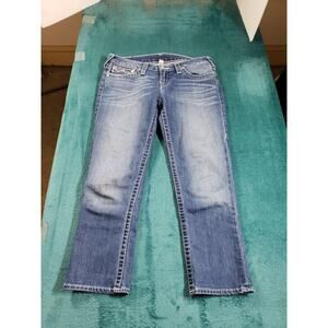 True Religion Jeans Sz 28 Womens Blue Stretch Pants Stella Mid Rise Capri Denim